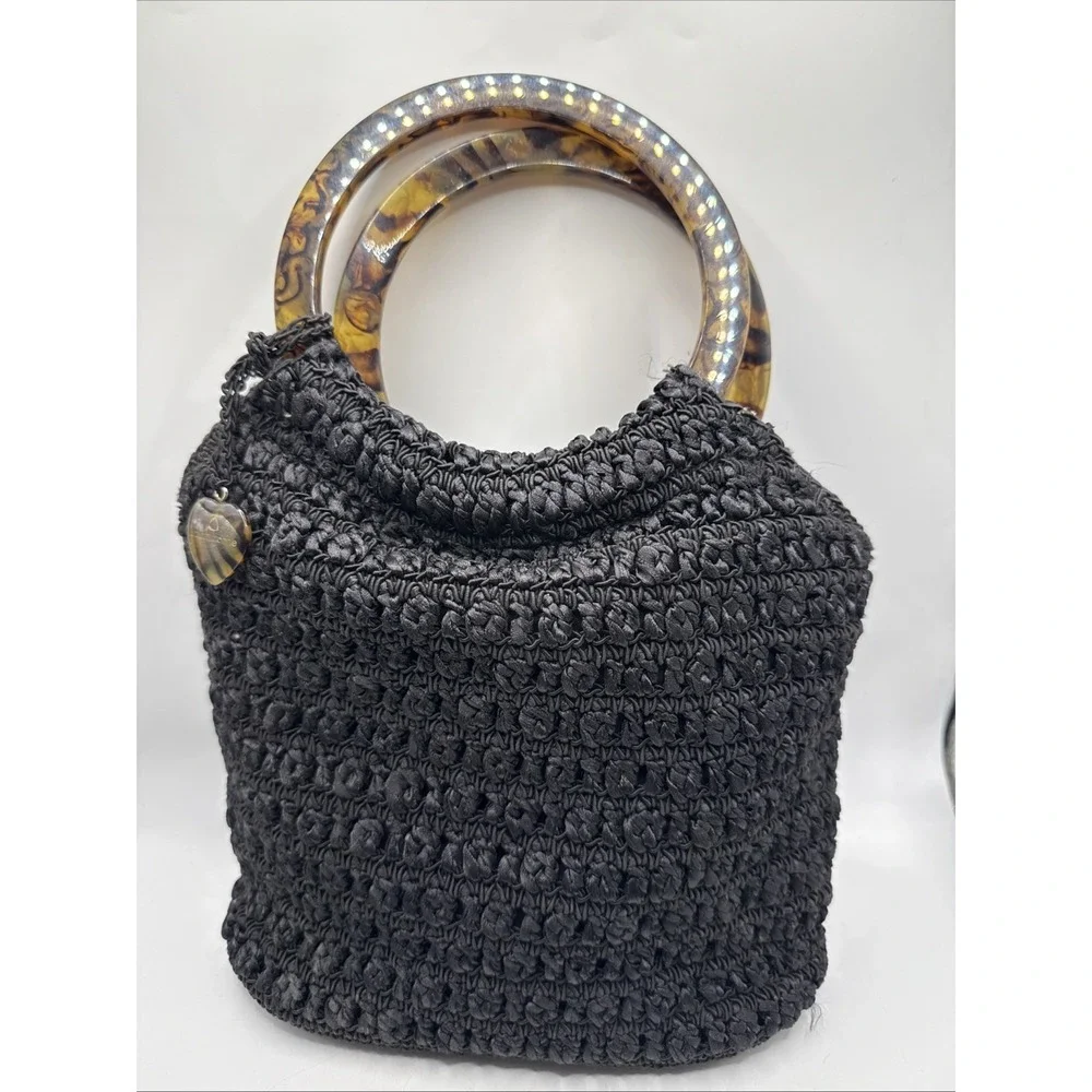 Vintage Black Crochet Liz Claiborne Purse Plastic Wood Color Handle